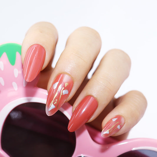 Elegant Summer Oasis Long Almond Peach Press On Nail Set with Gold Accent Flakes