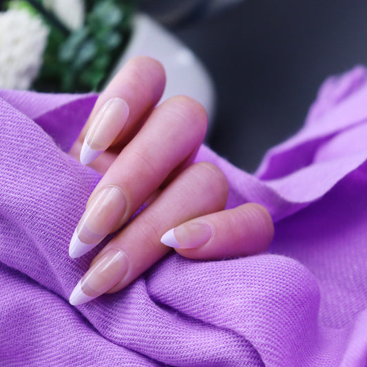 Lavender Dreams Long Almond Beige and White Ombre Press On Nail Set with French Tips