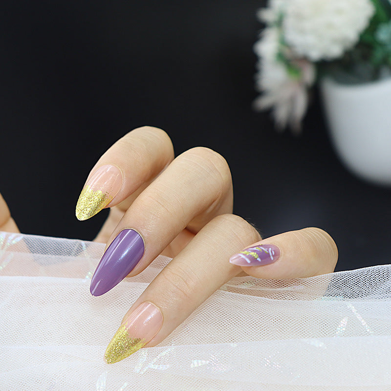 Elegant Spring Affair Long Almond Press On Nails Set in Lavender and Ombre Gold with Glitter Accents