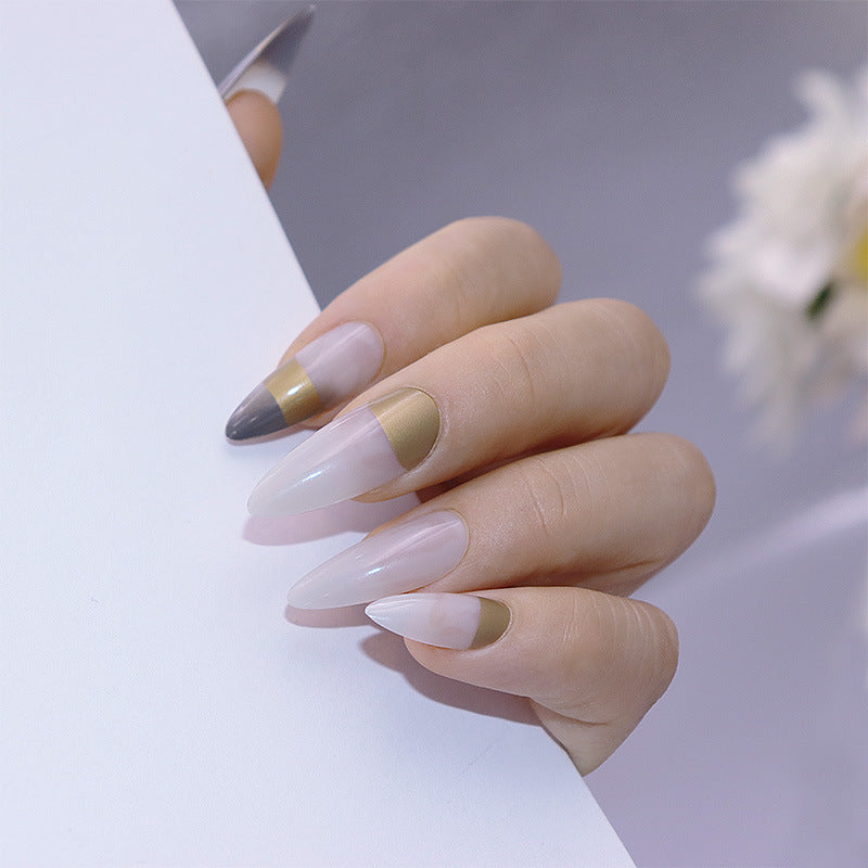 Elegant Evening Long Almond Shape Press On Nails with Dual-Tone French Tips in Gold and Black