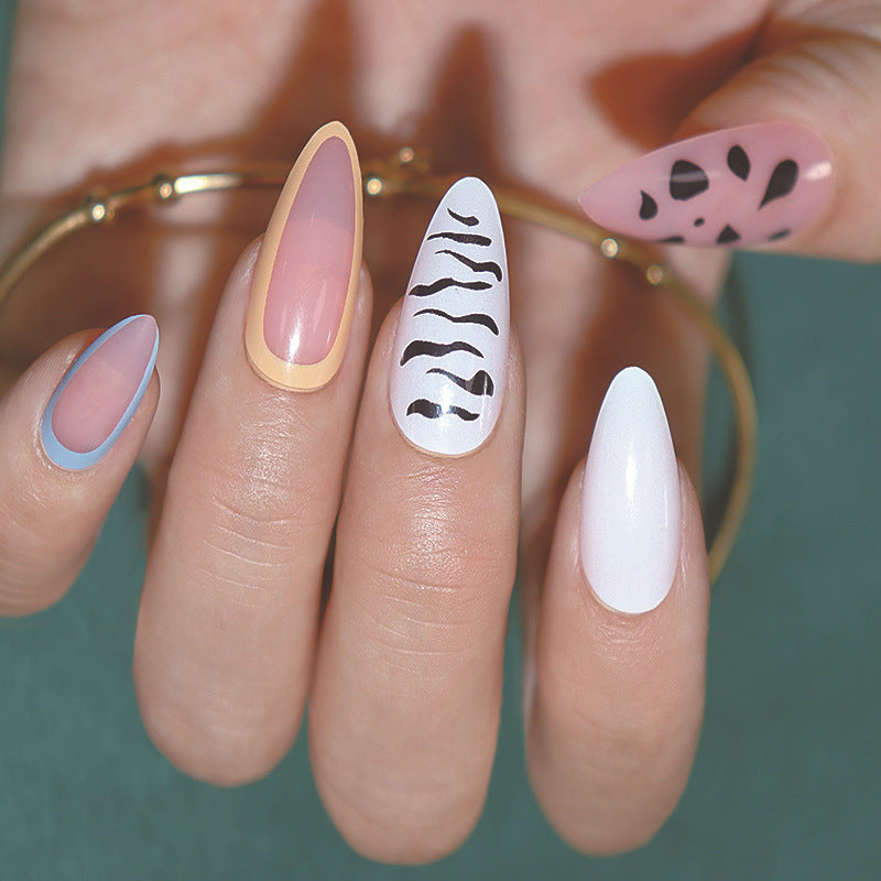 Safari Chic Long Almond Press On Nail Set in Pastel Shades with Animal Print Accents