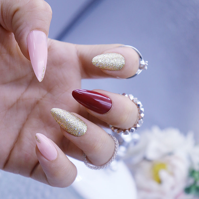 Glamour Chic Extra Long Almond Pink and Burgundy Press On Nail Set with Sparkling Glitter Accents