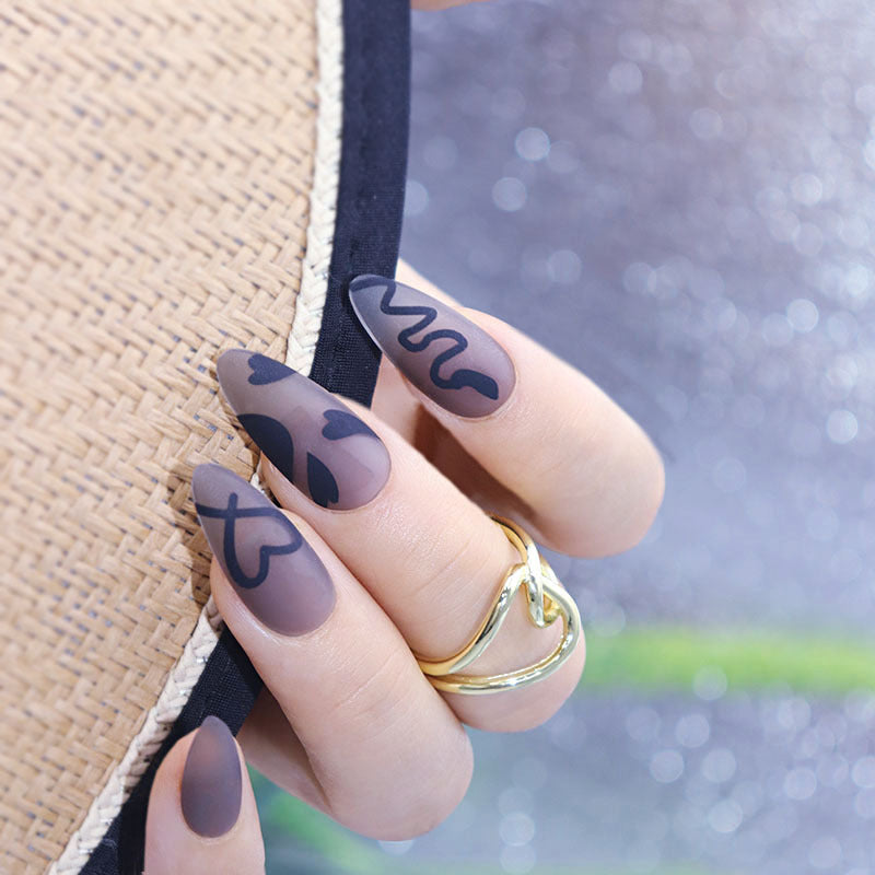 Starry Night Long Almond Matte Black Press On Nails with Zodiac Sign Accents