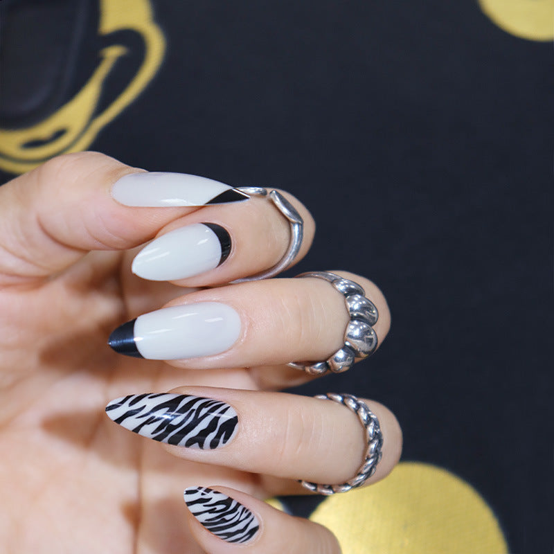 Safari Chic Long Almond Black and White Press On Nail Set with Zebra Accent Design