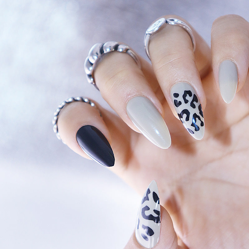 Safari Chic Long Almond Gray and Black Press On Nails with Leopard Print Accents