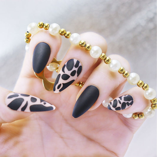 Safari Chic Long Almond Matte Black Press on Nails with Animal Print Accents