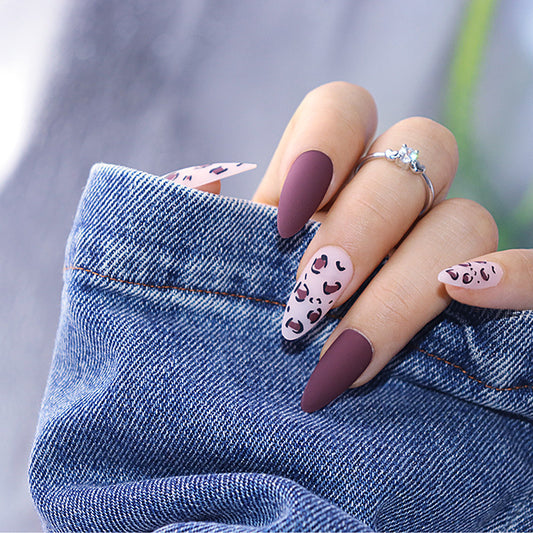 Animal Instinct Long Almond Matte Mauve Press On Nail Set with Leopard Print Accents