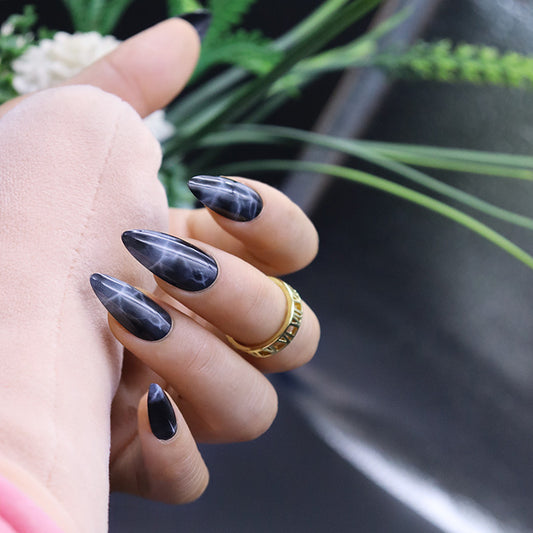 Mystic Marble Elegance Long Almond Charcoal Black Marble Effect Press On Nail Set for Fashion-Forward Manicures