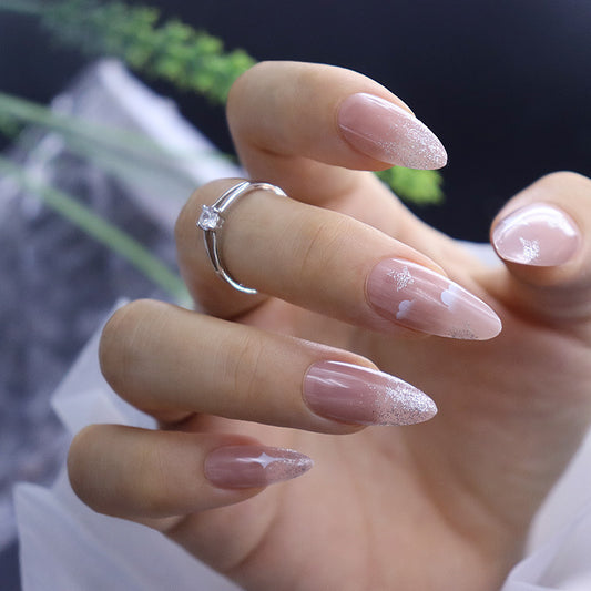 Elegant Bridal Long Almond Pink Glitter Accent Press On Nail Set