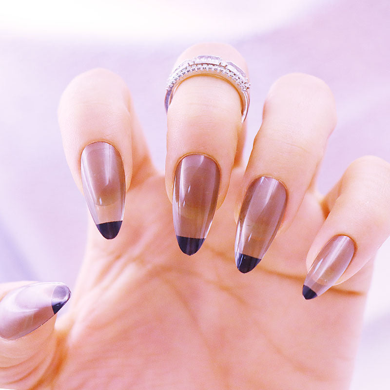 Elegant Evening Long Almond Shape Gradient Brown Press On Nail Set with Sleek Black Tips