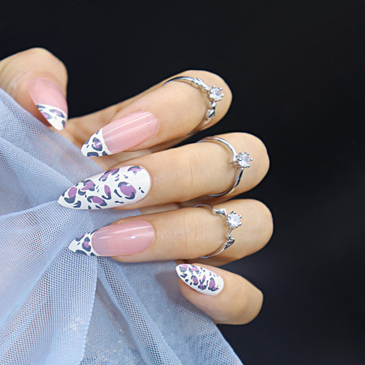 Elegant Affair Extra-Long Almond Pink and White Press-On Nails with Purple Accents and Rhinestone Embellishments