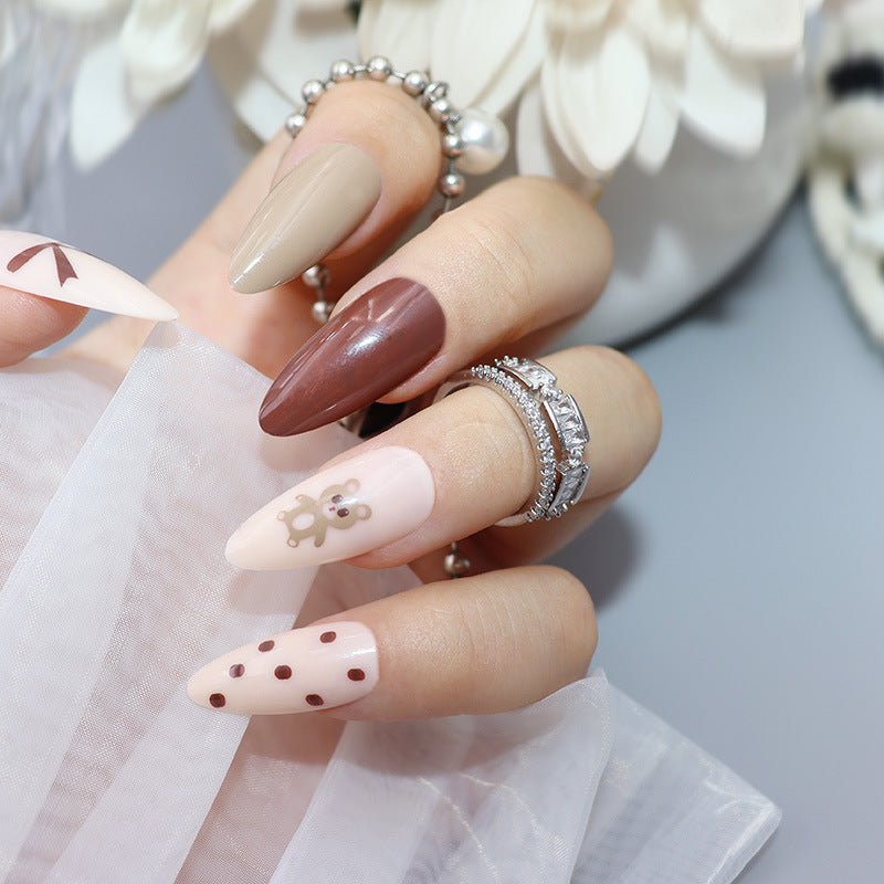 Elegant Bridal Long Almond Multicolor Press On Nail Set with Decorative Accents and Polka Dots