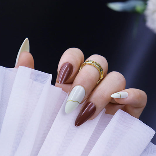 Elegant CafŽ Collection Long Almond Brown and Cream Press-On Nails with Accent Designs