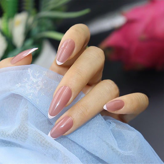 Elegant Affair Long Almond Beige Press On Nail Set with Accent White French Tip Design