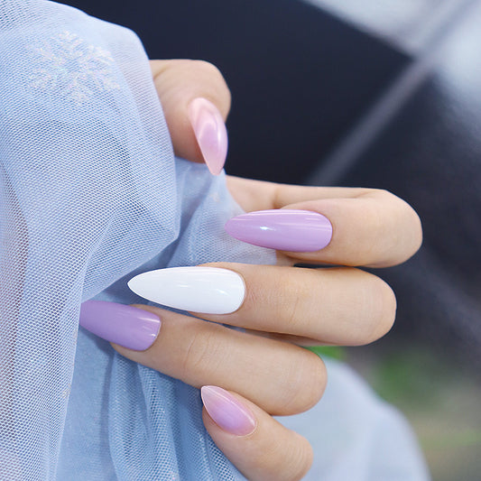 Lavender Dreams Long Almond-Shaped Press On Nail Set, Pastel Purple Ombre Finish with White Accents