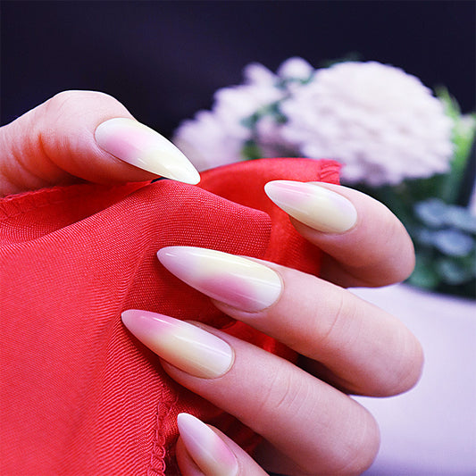 Elegant Ombre Long Almond Beige to White Gradient Press on Nail Set with a Natural Look Finish