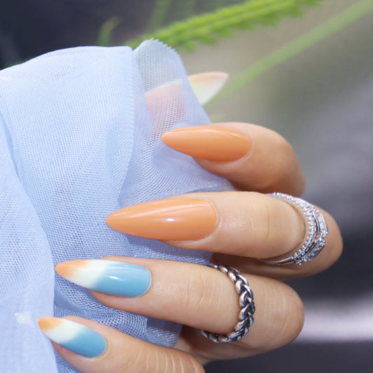 Summer Breeze Long Almond Gradient Peach and Sky Blue Ombre Press On Nail Set with Dual-Tone Design