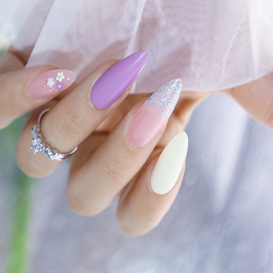 Spring Blossom Long Almond Pastel Press On Nails with Glitter Accent