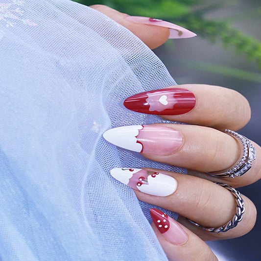 Enchanted Valentine Long Almond Red and White Press On Nail Set with Heart Accents