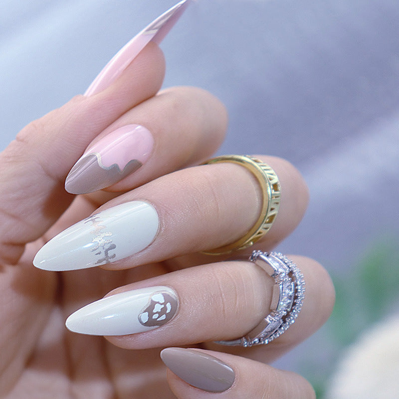 Elegant Affair Long Almond Pastel Pink and White Press On Nail Set with Abstract Art Design