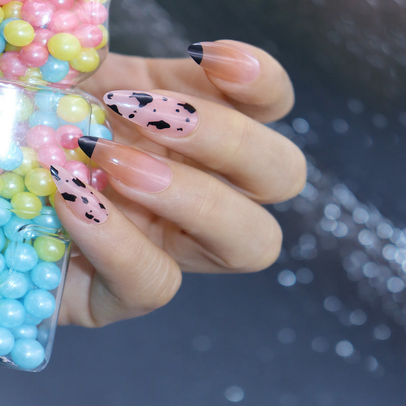 Candy Crush Theme Long Almond Shaped Black and Pink Speckled Press On Nail Set with Glossy Finish