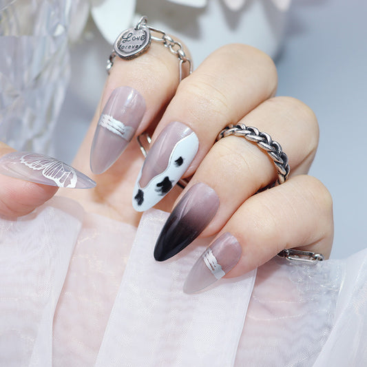 Elegant Boho Long Almond Press On Nail Set, Grey and White Ombre with Accent Animal Print Feature