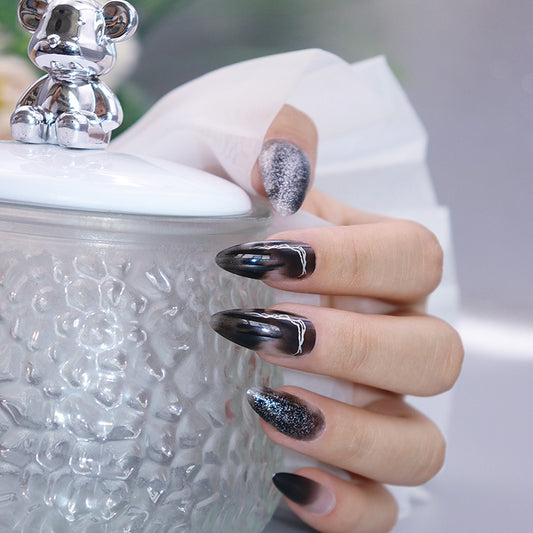 Elegant Evening Long Almond Black Glitter Accented Press On Nail Set with Chrome Detailing