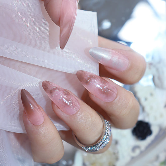 Elegant Bridal Collection Long Almond Beige and Shimmer Press On Nail Set with Glitter Accents