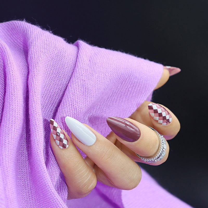 Chic Parisian Long Almond Press On Nail Set in Lavender and White with Checkered Accent Design