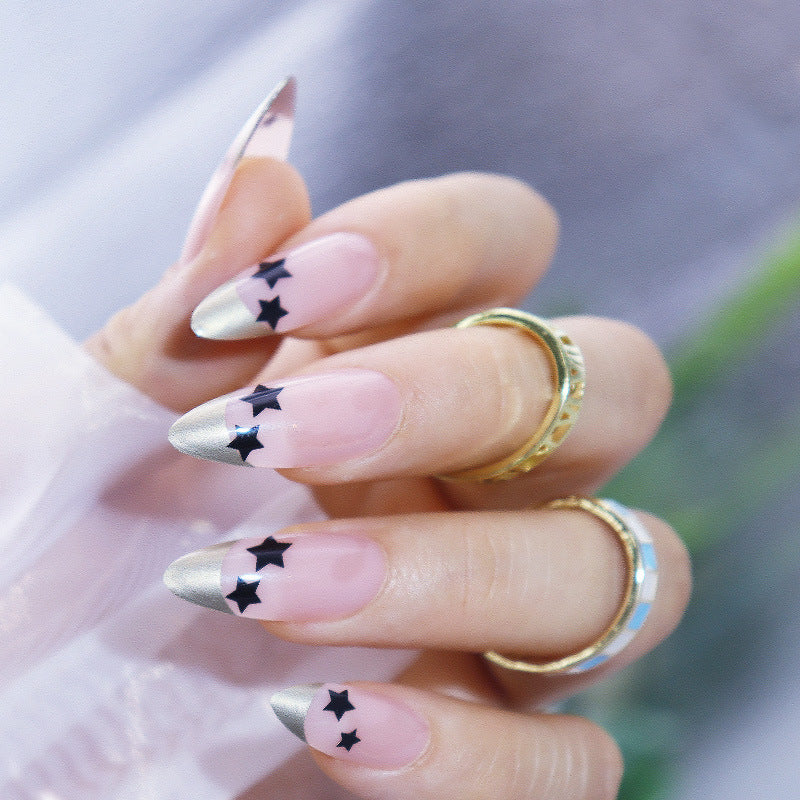 Starry Night Long Almond Pink and Silver Press On Nail Set with Black Star Accents