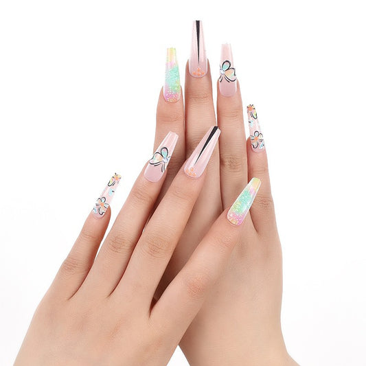 Summer Elegance Long Coffin Pastel Pink Glitter Ombre Press On Nail Set with Floral Accents