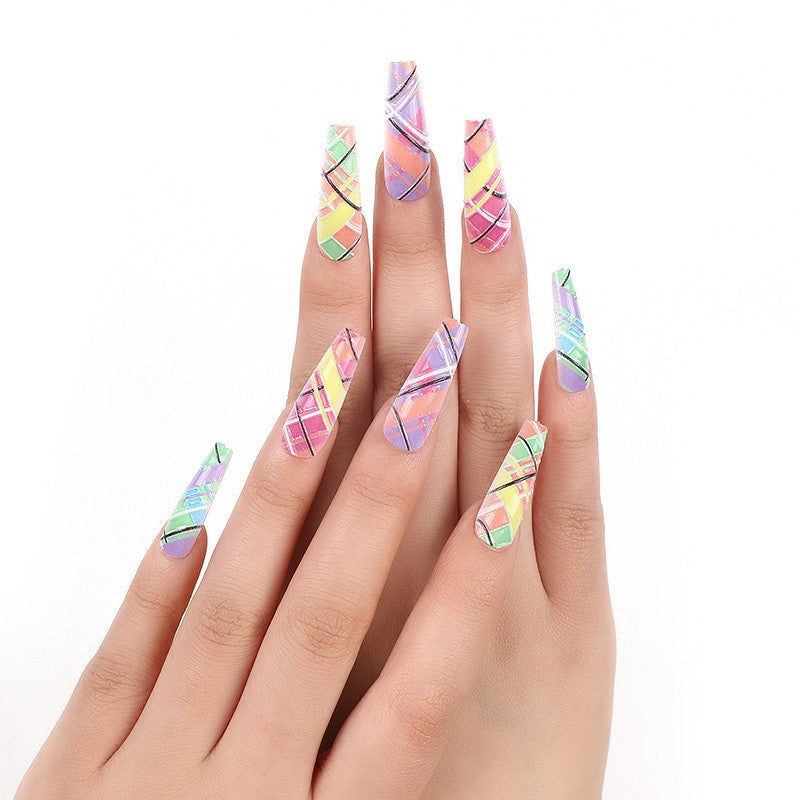 Tropical Mosaic Long Coffin Multicolor Holographic Press On Nail Set with Geometric Accents