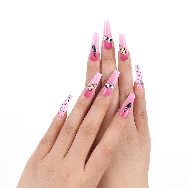 Pop Culture Chic Extra Long Coffin Pink Press On Nails with Cartoon Embellishments