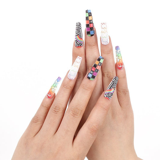 Urban Chic Extra-Long Coffin Multicolor Press On Nails with Abstract Art Patterns