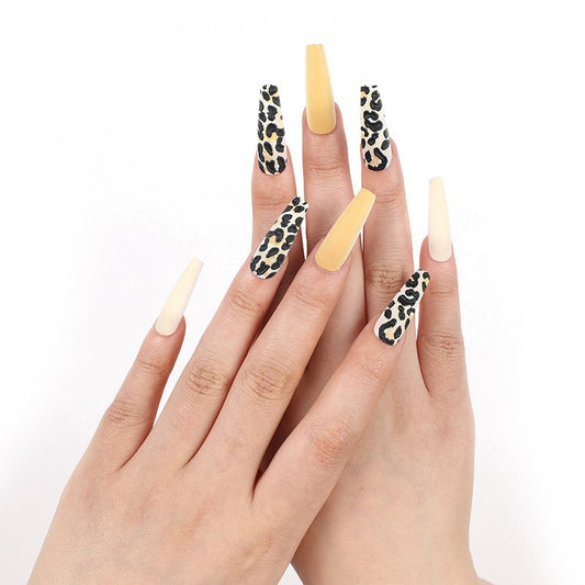 Safari Glam Long Coffin Beige and Black Leopard Print Press on Nail Set with Matte and Glossy Finish