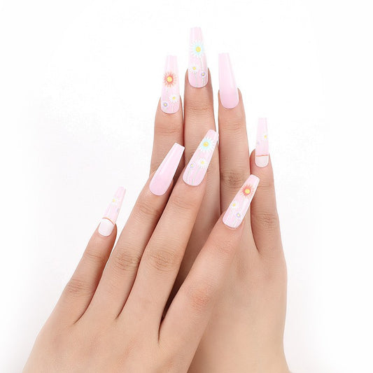 Spring Blossom Long Coffin Pink Press On Nails with Daisy Flower Accents