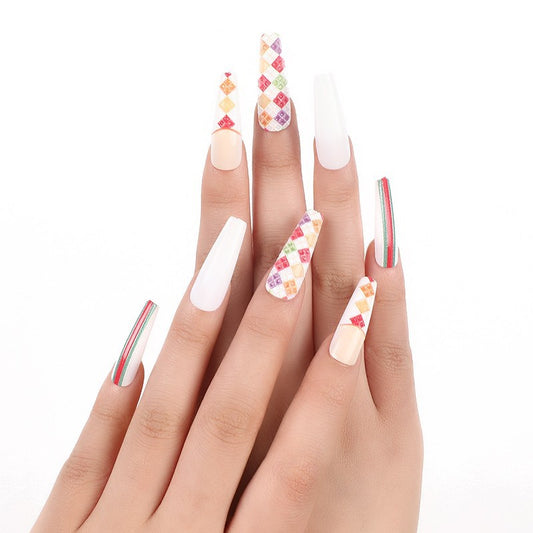 Summer Fiesta Long Coffin Multicolor Press On Nail Set with Argyle Accents