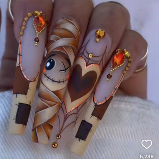 Enchanted Storybook Long Coffin Brown Press On Nails with Whimsical Character Accents and 3D Jewel Embellishments