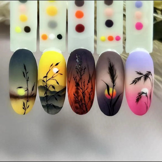 Enchanted Sunset Long Oval Ombre Press On Nail Set with Botanical Silhouette Artwork