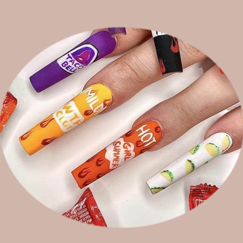 Spicy Fiesta Extra Long Square Multicolor Press On Nails with Hot Sauce Packet Design