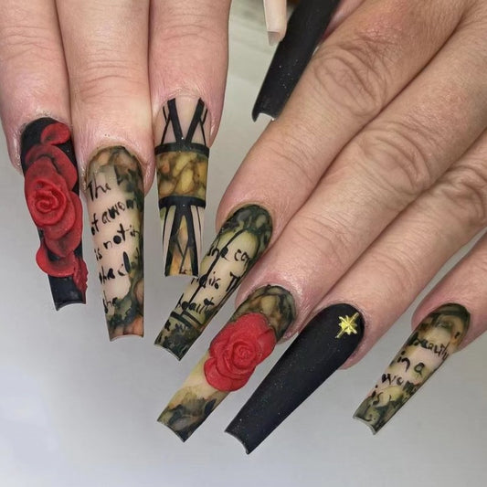 Gothic Elegance Long Square Black and Floral Press On Nail Set with 3D Rose Accent