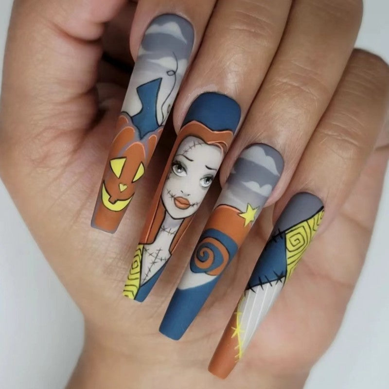 Enchanted Halloween Extra Long Coffin Multicolor Press On Nail Set with Cartoon-Themed Artwork