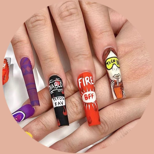 Fast Food Frenzy Long Coffin Multicolor Press On Nail Set with Unique Snack Brand Designs