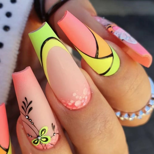 Summer Glow Extra Long Coffin Neon Pink and Yellow Press On Nail Set with Hand-Painted Butterfly Design