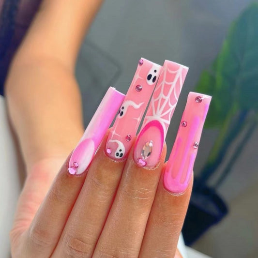 Enchanted Elegance Extra Long Square Pink Press On Nail Set with Rhinestone Accents and Spiderweb Design