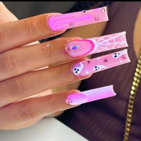 Enchanted Glamour Long Square Pink Press On Nails with Rhinestone Accents and Whimsical Patterns