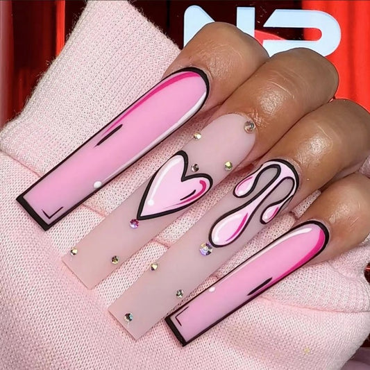 Valentine's Romance Extra Long Square Pink Press On Nail Set with Rhinestone Accents and Heart Designs