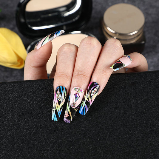 Tropical Escape Long Coffin Multicolor Abstract Art Press on Nail Set with Rhinestone Accents