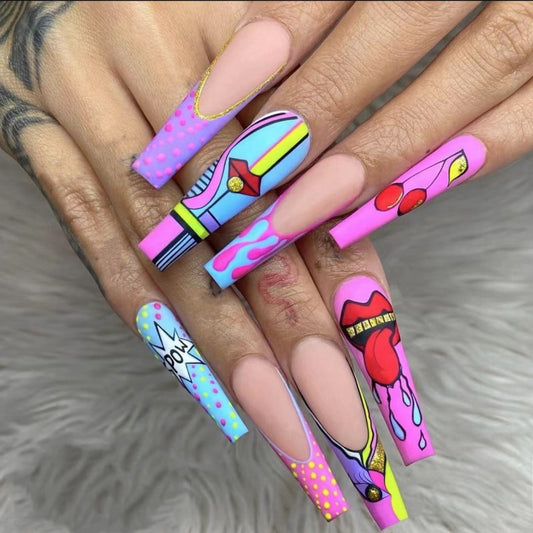 Pop Art Extravaganza Long Coffin Multicolor Comic Book Press On Nail Set with 3D Embellishments