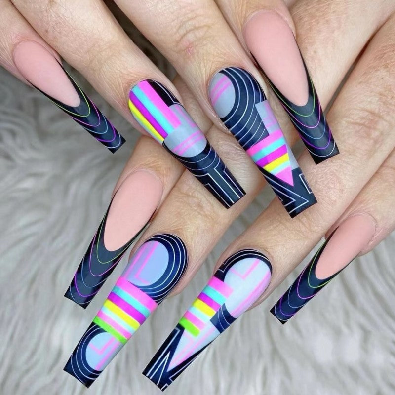 Neon Swirl Extravaganza Long Coffin-Shaped Multi-Colored Press On Nail Set with Geometric Patterns